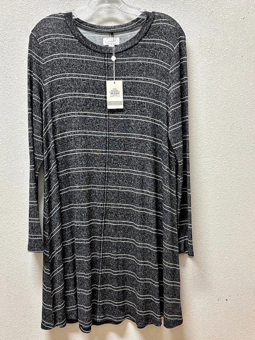 Mud Pie Swing Dress Long Sleeve Knit Grey Stripes Midi Length Sz Small